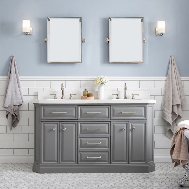 WATER-CREATION PA60QZ05CG-E18TL1205 PALACE 60 INCH QUARTZ CARRARA CASHMERE GREY BATHROOM VANITY SET AND FAUCETS, MIRROR IN POLISHED NICKEL