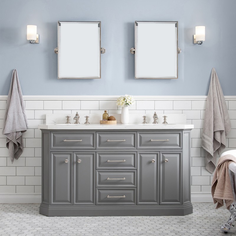 WATER-CREATION PA60QZ05CG-E18FX1305 PALACE 60 INCH QUARTZ CARRARA CASHMERE GREY BATHROOM VANITY SET AND FAUCETS, MIRROR IN POLISHED NICKEL