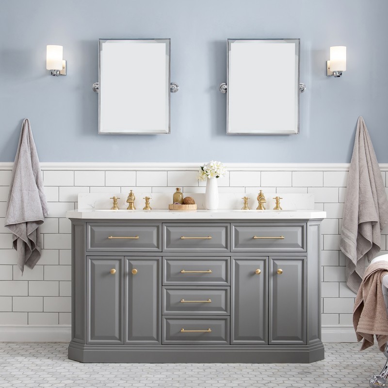 WATER-CREATION PA60QZ06CG-E18FX1306 PALACE 60 INCH QUARTZ CARRARA CASHMERE GREY BATHROOM VANITY SET AND FAUCETS IN SATIN BRASS AND MIRRORS ONLY IN CHROME