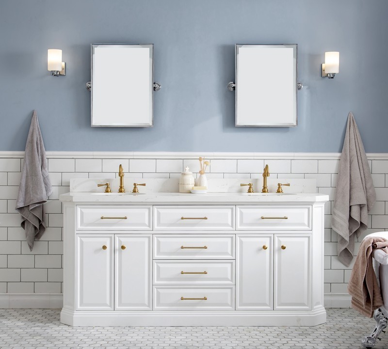 WATER-CREATION PA72QZ06PW-E18000000 PALACE 72 INCH QUARTZ CARRARA PURE WHITE BATHROOM VANITY SET IN SATIN BRASS AND MIRRORS ONLY IN CHROME