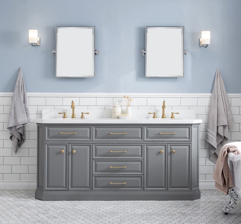 WATER-CREATION PA72QZ06CG-000TL1206 PALACE 72 INCH QUARTZ CARRARA CASHMERE GREY BATHROOM VANITY SET AND FAUCETS IN SATIN BRASS AND MIRRORS ONLY IN CHROME