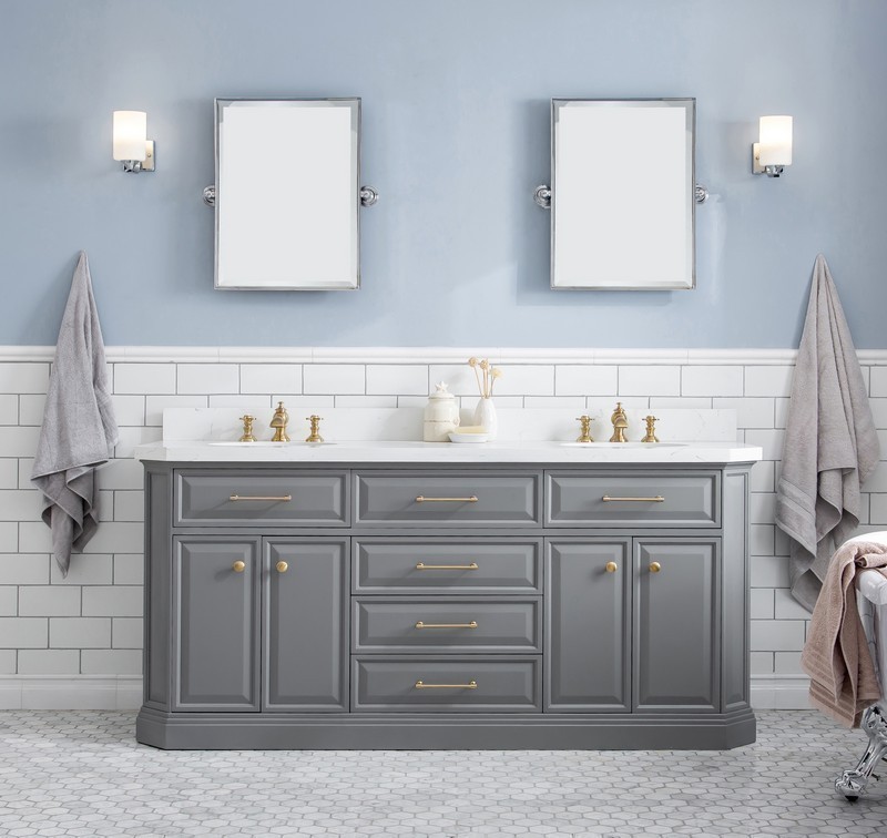 WATER-CREATION PA72QZ06CG-000FX1306 PALACE 72 INCH QUARTZ CARRARA CASHMERE GREY BATHROOM VANITY SET AND FAUCETS IN SATIN BRASS AND MIRRORS ONLY IN CHROME