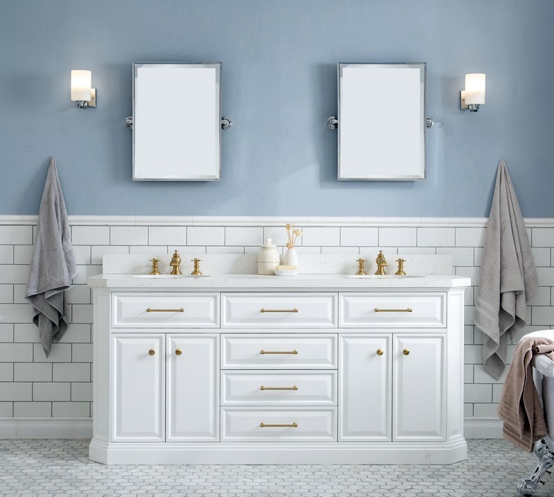 WATER-CREATION PA72QZ06PW-000FX1306 PALACE 72 INCH QUARTZ CARRARA PURE WHITE BATHROOM VANITY SET AND FAUCETS IN SATIN BRASS AND MIRRORS ONLY IN CHROME