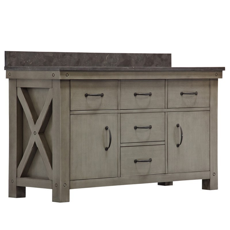 WATER-CREATION AB60BL03GG-A60000000 ABERDEEN 60 INCH GRIZZLE GREY DOUBLE SINK BATHROOM VANITY WITH MIRROR AND BLUE LIMESTONE COUNTER TOP
