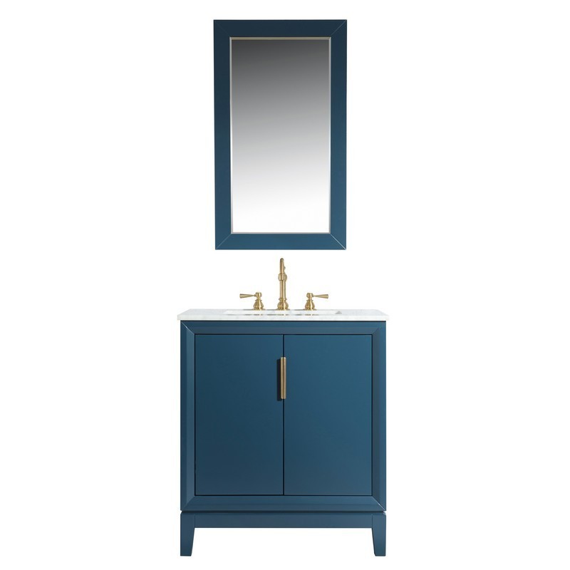 WATER-CREATION EL30CW06MB-R21TL1206 ELIZABETH 30 INCH SINGLE SINK CARRARA WHITE MARBLE VANITY IN MONARCH BLUE WITH MATCHING MIRROR AND LAVATORY FAUCET