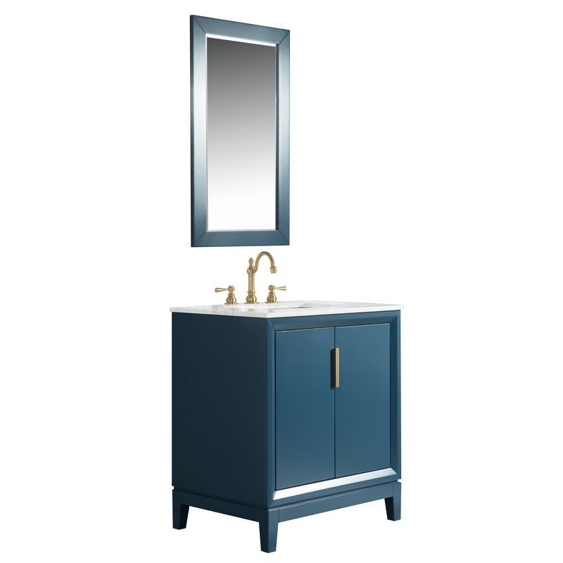 WATER-CREATION EL30CW06MB-R21FX1306 ELIZABETH 30 INCH SINGLE SINK CARRARA WHITE MARBLE VANITY IN MONARCH BLUE WITH MATCHING MIRROR AND LAVATORY FAUCET
