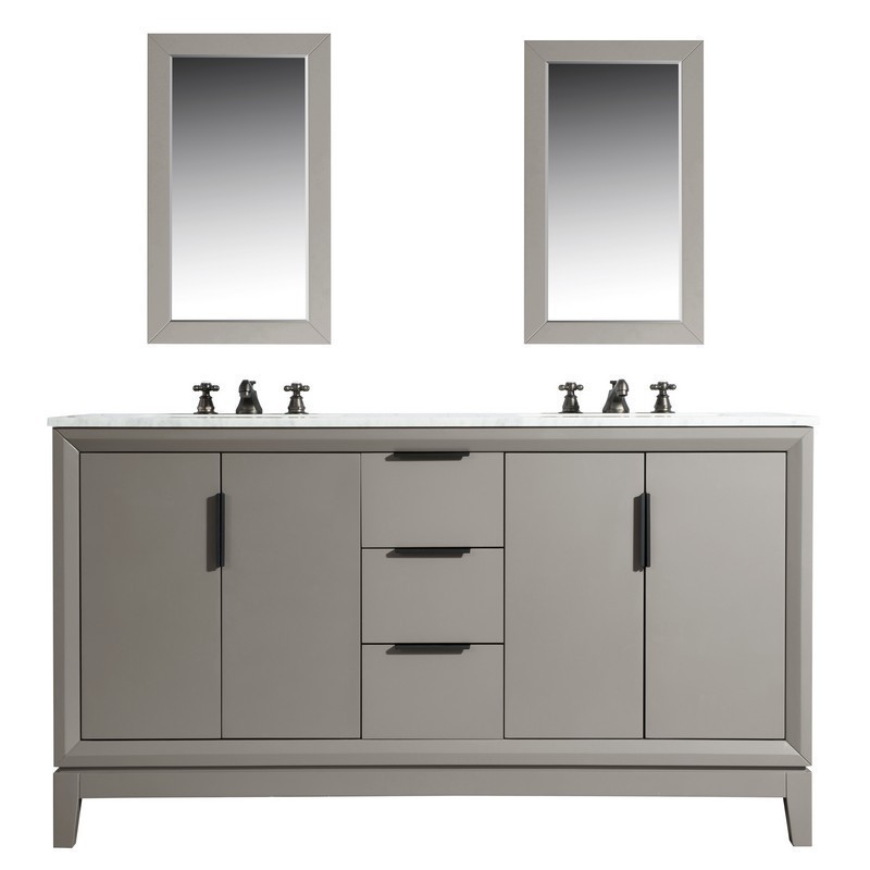 WATER-CREATION EL60CW03CG-R21TL1203 ELIZABETH 60 INCH DOUBLE SINK CARRARA WHITE MARBLE VANITY IN CASHMERE GREY WITH MATCHING MIRROR AND LAVATORY FAUCET