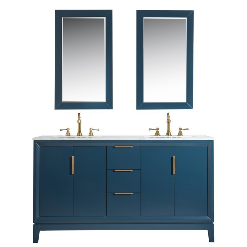 WATER-CREATION EL60CW06MB-R21000000 ELIZABETH 60 INCH DOUBLE SINK CARRARA WHITE MARBLE VANITY IN MONARCH BLUE WITH MATCHING MIRROR