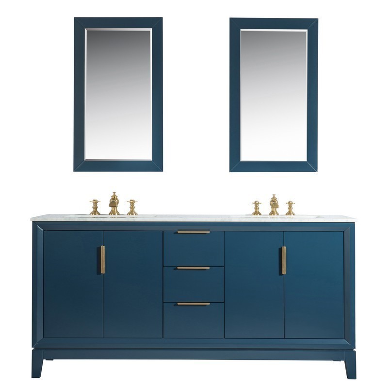 WATER-CREATION EL72CW06MB-R21FX1306 ELIZABETH 72 INCH DOUBLE SINK CARRARA WHITE MARBLE VANITY IN MONARCH BLUE WITH MATCHING MIRROR AND LAVATORY FAUCET