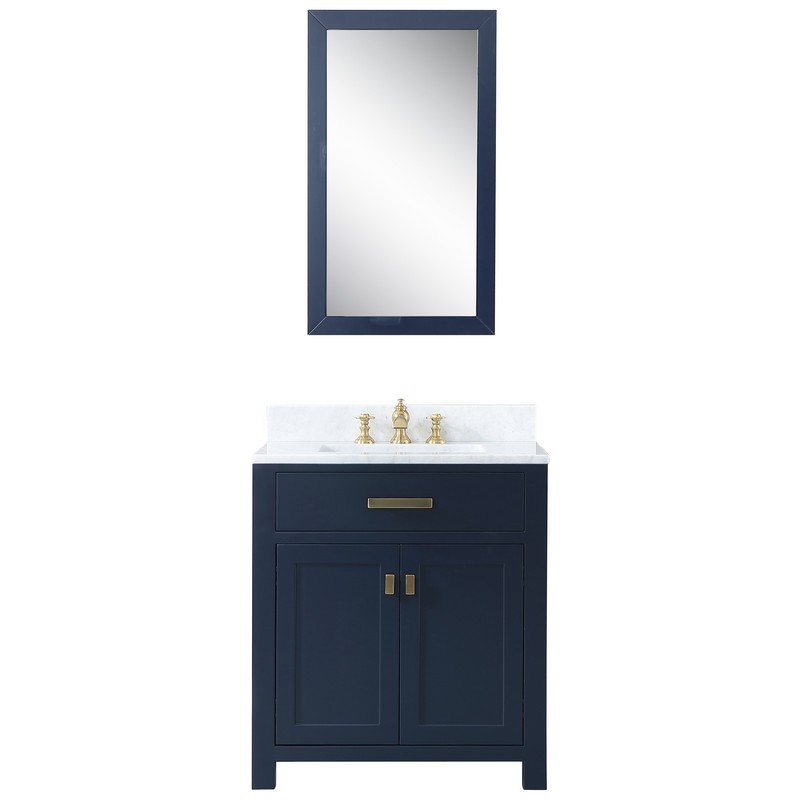 WATER-CREATION MS30CW06MB-R21FX1306 MADISON 30 INCH SINGLE SINK CARRARA WHITE MARBLE VANITY IN MONARCH BLUE WITH MATCHING MIRROR AND LAVATORY FAUCET