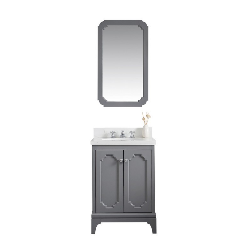 WATER-CREATION QU24QZ01CG-Q21BX0901 QUEEN 24 INCH SINGLE SINK QUARTZ CARRARA VANITY IN CASHMERE GREY WITH MATCHING MIRROR AND LAVATORY FAUCET