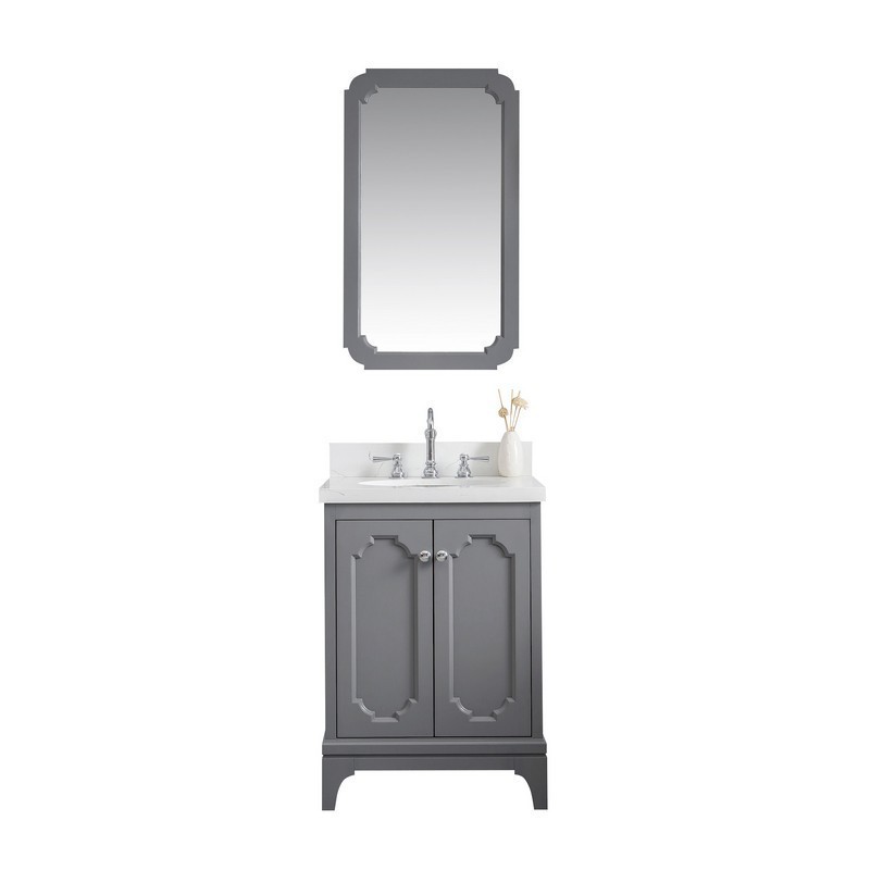 WATER-CREATION QU24QZ01CG-Q21TL1201 QUEEN 24 INCH SINGLE SINK QUARTZ CARRARA VANITY IN CASHMERE GREY WITH MATCHING MIRROR AND LAVATORY FAUCET