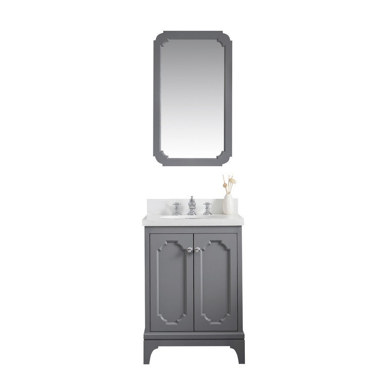 WATER-CREATION QU24QZ01CG-Q21FX1301 QUEEN 24 INCH SINGLE SINK QUARTZ CARRARA VANITY IN CASHMERE GREY WITH MATCHING MIRROR AND LAVATORY FAUCET
