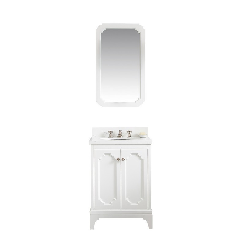 WATER-CREATION QU24QZ05PW-Q21BX0905 QUEEN 24 INCH SINGLE SINK QUARTZ CARRARA VANITY IN PURE WHITE WITH MATCHING MIRROR AND LAVATORY FAUCET