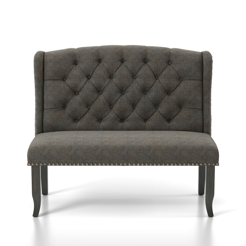 FURNITURE OF AMERICA IDF-3324BK-GY-BN LUBBERS 48 INCH RUSTIC BUTTON TUFTED LOVESEAT BENCH - GRAY AND ANTIQUE BLACK