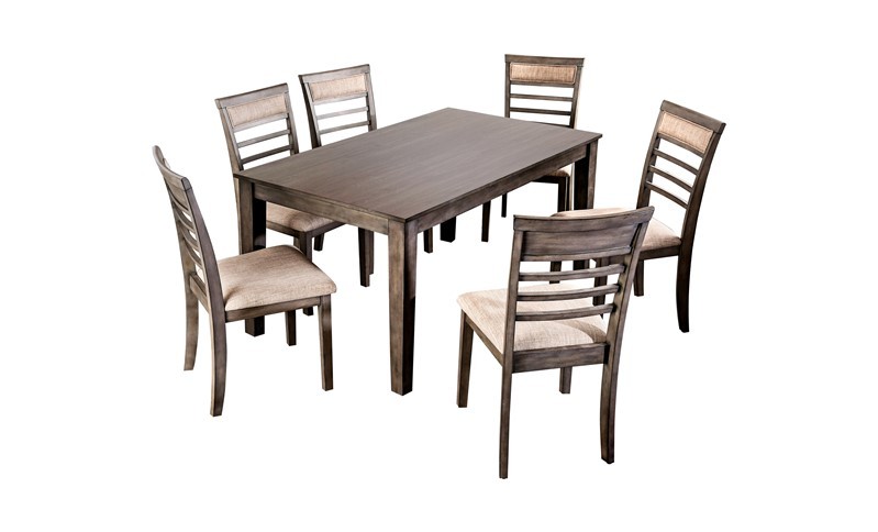 FURNITURE OF AMERICA IDF-3607T-7PK ADINNA TRANSITIONAL SEVEN-PIECE SOLID WOOD DINING SET - WEATHERED GRAY AND BEIGE
