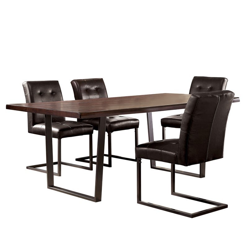 FURNITURE OF AMERICA IDF-3737T-5PC CASCANNON RUSTIC FIVE-PIECE METAL BASE DINING SET - DARK OAK AND GUN METAL