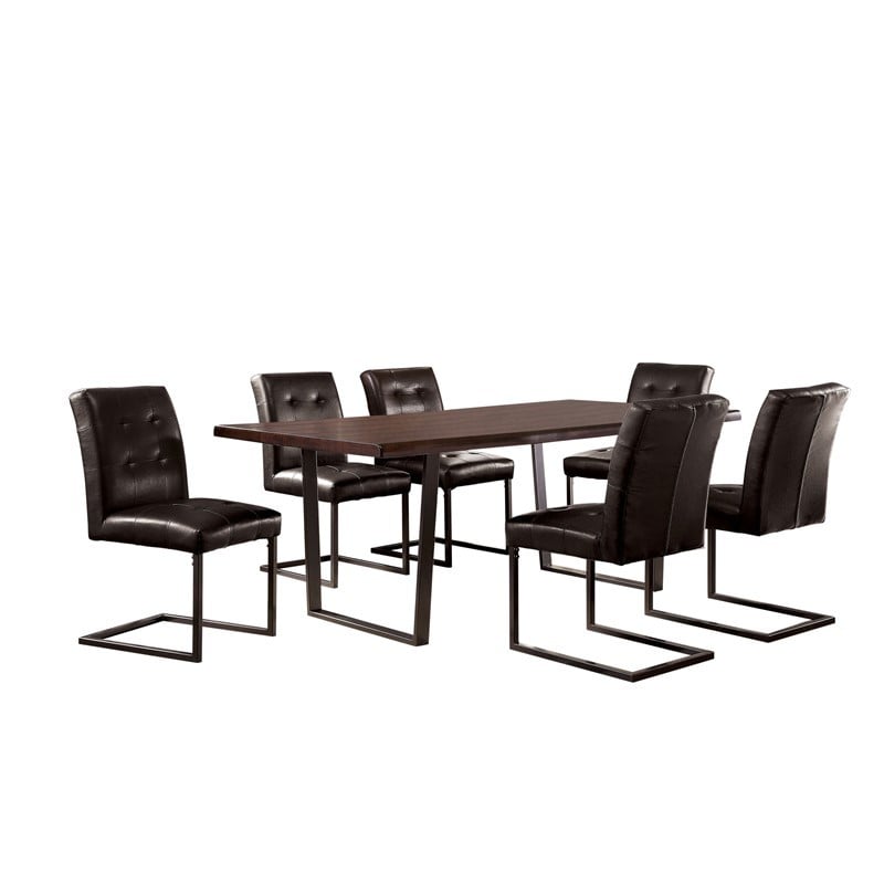 FURNITURE OF AMERICA IDF-3737T-7PC CASCANNON RUSTIC SEVEN-PIECE METAL BASE DINING SET - DARK OAK AND GUN METAL