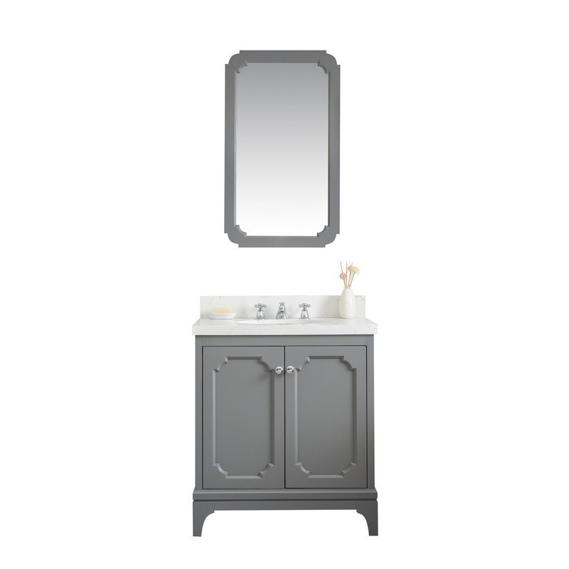WATER-CREATION QU30QZ01CG-Q21BX0901 QUEEN 30 INCH SINGLE SINK QUARTZ CARRARA VANITY IN CASHMERE GREY WITH MATCHING MIRROR AND LAVATORY FAUCET
