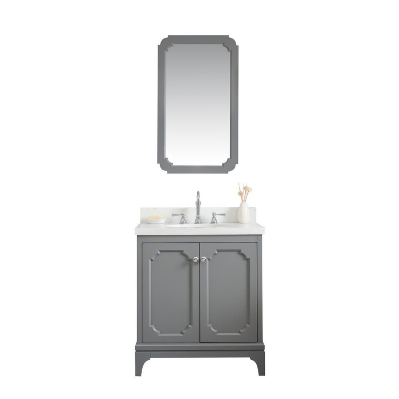 WATER-CREATION QU30QZ01CG-Q21TL1201 QUEEN 30 INCH SINGLE SINK QUARTZ CARRARA VANITY IN CASHMERE GREY WITH MATCHING MIRROR AND LAVATORY FAUCET