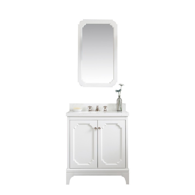 WATER-CREATION QU30QZ05PW-Q21BX0905 QUEEN 30 INCH SINGLE SINK QUARTZ CARRARA VANITY IN PURE WHITE WITH MATCHING MIRROR AND LAVATORY FAUCET
