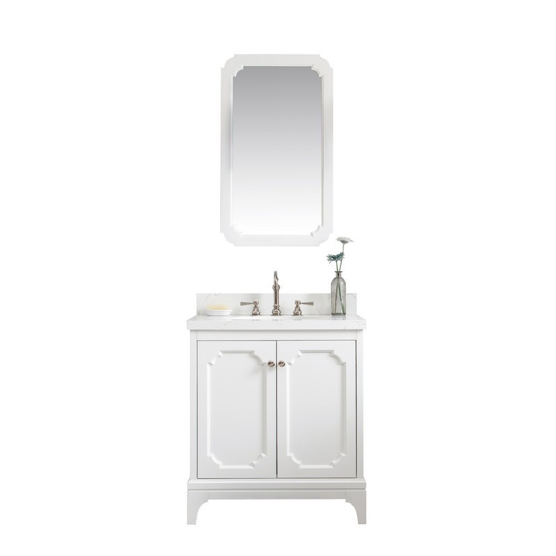 WATER-CREATION QU30QZ05PW-Q21TL1205 QUEEN 30 INCH SINGLE SINK QUARTZ CARRARA VANITY IN PURE WHITE WITH MATCHING MIRROR AND LAVATORY FAUCET