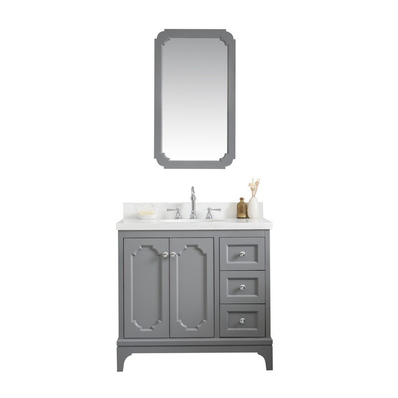 WATER-CREATION QU36QZ01CG-Q21TL1201 QUEEN 36 INCH SINGLE SINK QUARTZ CARRARA VANITY IN CASHMERE GREY WITH MATCHING MIRROR AND LAVATORY FAUCET
