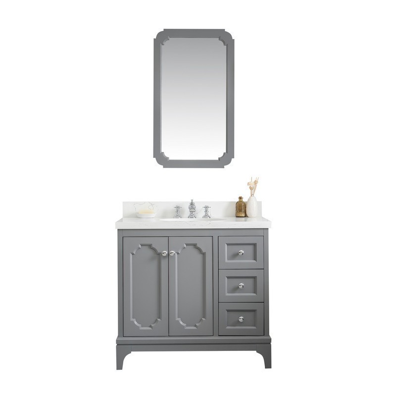 WATER-CREATION QU36QZ01CG-Q21FX1301 QUEEN 36 INCH SINGLE SINK QUARTZ CARRARA VANITY IN CASHMERE GREY WITH MATCHING MIRROR AND LAVATORY FAUCET