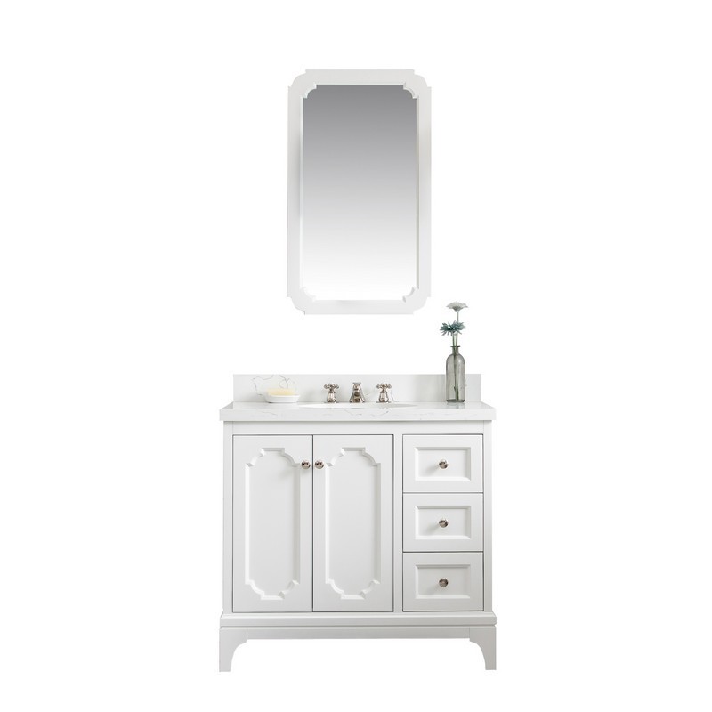 WATER-CREATION QU36QZ05PW-Q21BX0905 QUEEN 36 INCH SINGLE SINK QUARTZ CARRARA VANITY IN PURE WHITE WITH MATCHING MIRROR AND LAVATORY FAUCET