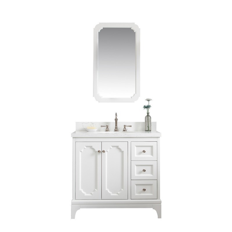 WATER-CREATION QU36QZ05PW-Q21TL1205 QUEEN 36 INCH SINGLE SINK QUARTZ CARRARA VANITY IN PURE WHITE WITH MATCHING MIRROR AND LAVATORY FAUCET