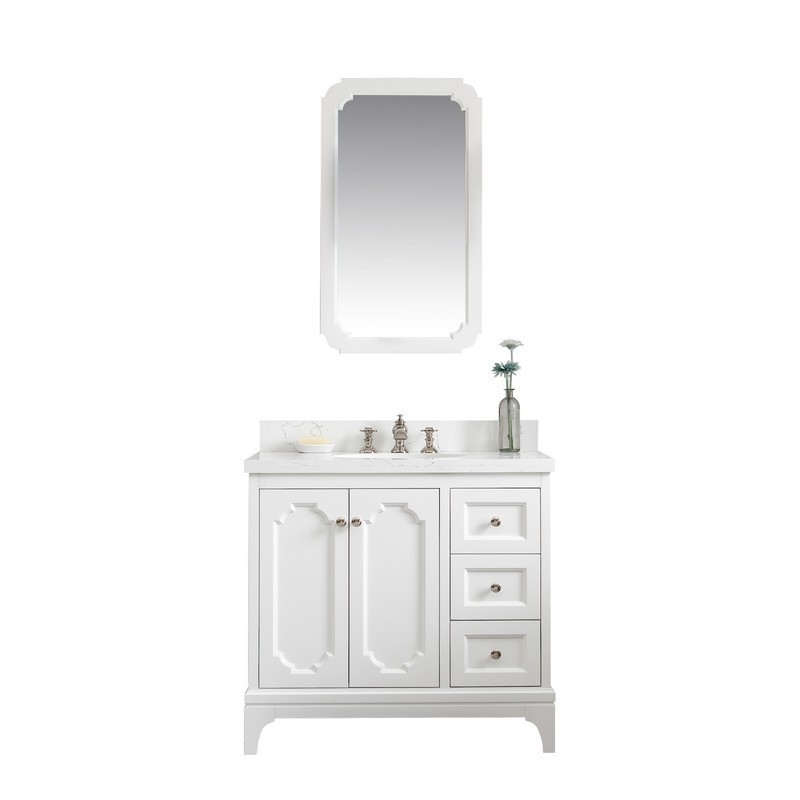WATER-CREATION QU36QZ05PW-Q21FX1305 QUEEN 36 INCH SINGLE SINK QUARTZ CARRARA VANITY IN PURE WHITE WITH MATCHING MIRROR AND LAVATORY FAUCET