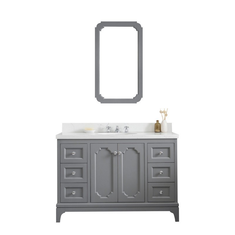 WATER-CREATION QU48QZ01CG-Q21BX0901 QUEEN 48 INCH SINGLE SINK QUARTZ CARRARA VANITY IN CASHMERE GREY WITH MATCHING MIRROR AND LAVATORY FAUCET