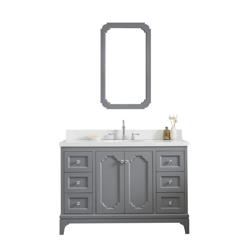 WATER-CREATION QU48QZ01CG-Q21TL1201 QUEEN 48 INCH SINGLE SINK QUARTZ CARRARA VANITY IN CASHMERE GREY WITH MATCHING MIRROR AND LAVATORY FAUCET