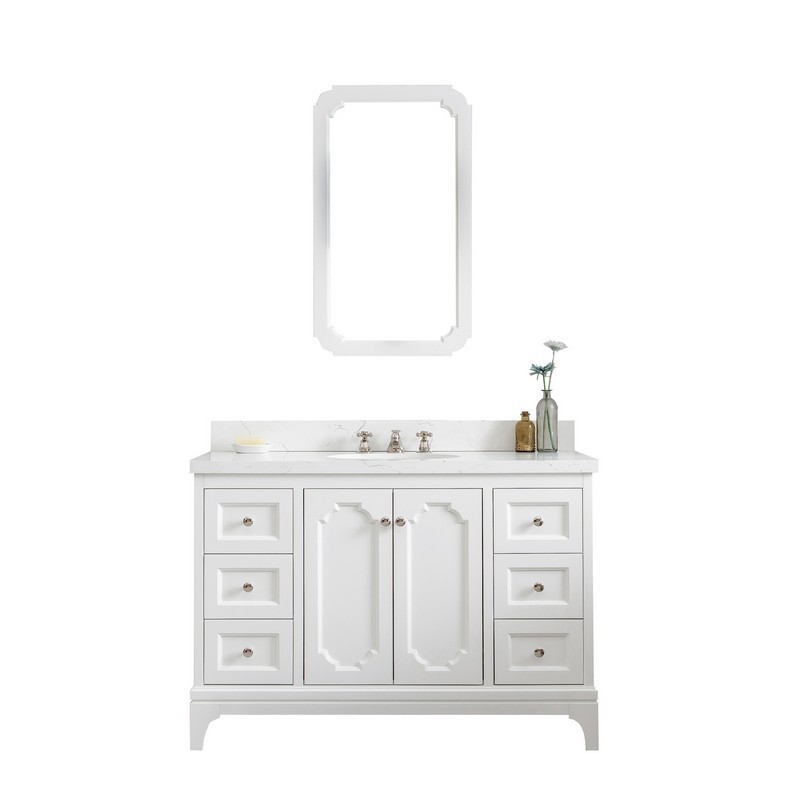 WATER-CREATION QU48QZ05PW-Q21BX0905 QUEEN 48 INCH SINGLE SINK QUARTZ CARRARA VANITY IN PURE WHITE WITH MATCHING MIRROR AND LAVATORY FAUCET