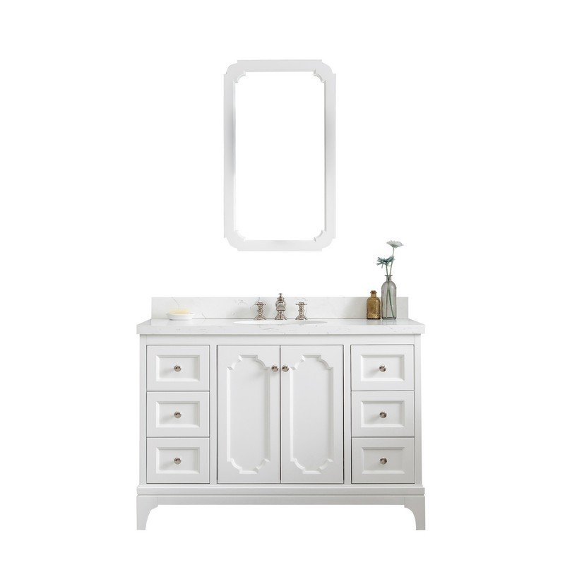 WATER-CREATION QU48QZ05PW-Q21FX1305 QUEEN 48 INCH SINGLE SINK QUARTZ CARRARA VANITY IN PURE WHITE WITH MATCHING MIRROR AND LAVATORY FAUCET