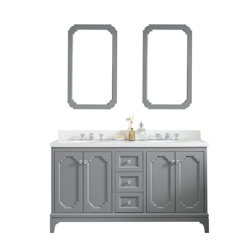 WATER-CREATION QU60QZ01CG-Q21BX0901 QUEEN 60 INCH DOUBLE SINK QUARTZ CARRARA VANITY IN CASHMERE GREY WITH MATCHING MIRROR AND LAVATORY FAUCET