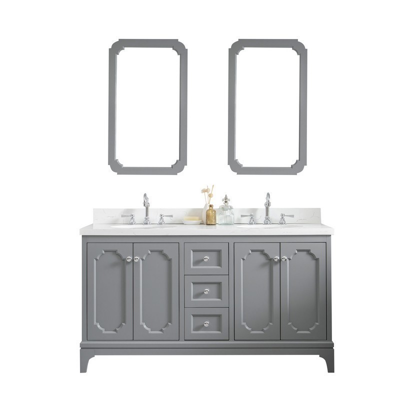 WATER-CREATION QU60QZ01CG-Q21TL1201 QUEEN 60 INCH DOUBLE SINK QUARTZ CARRARA VANITY IN CASHMERE GREY WITH MATCHING MIRROR AND LAVATORY FAUCET
