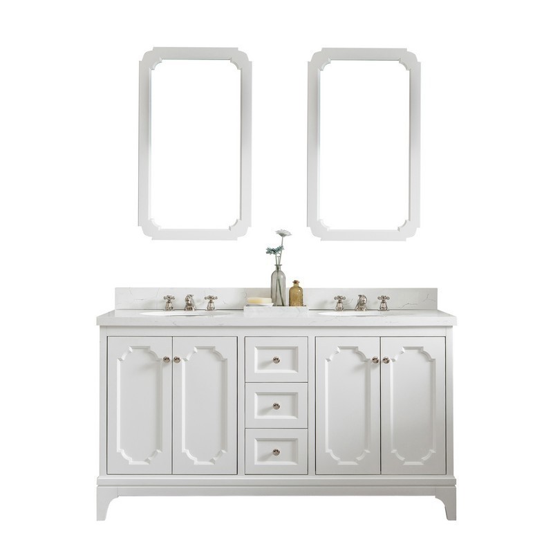 WATER-CREATION QU60QZ05PW-Q21BX0905 QUEEN 60 INCH DOUBLE SINK QUARTZ CARRARA VANITY IN PURE WHITE WITH MATCHING MIRROR AND LAVATORY FAUCET