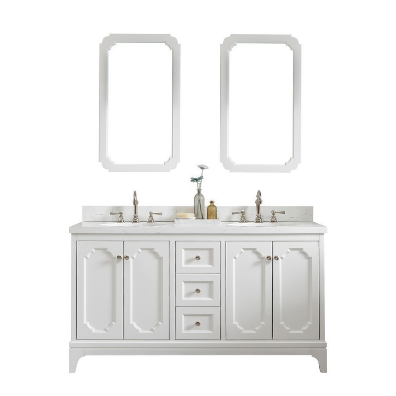 WATER-CREATION QU60QZ05PW-000TL1205 QUEEN 60 INCH DOUBLE SINK QUARTZ CARRARA VANITY IN PURE WHITE WITH LAVATORY FAUCET