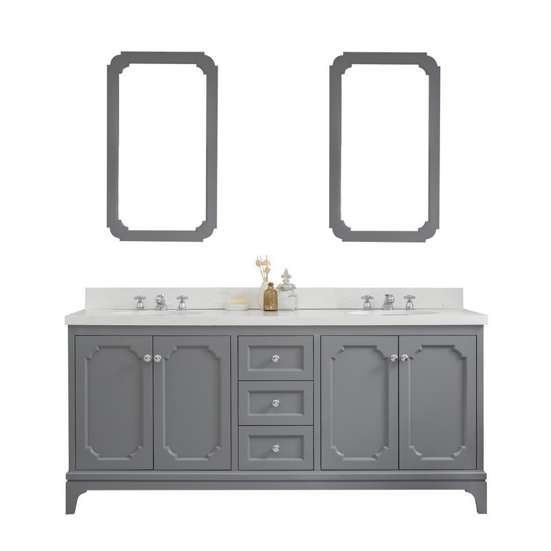 WATER-CREATION QU72QZ01CG-Q21BX0901 QUEEN 72 INCH DOUBLE SINK QUARTZ CARRARA VANITY IN CASHMERE GREY WITH MATCHING MIRROR AND LAVATORY FAUCET