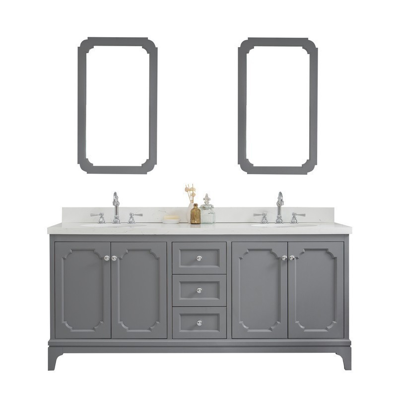WATER-CREATION QU72QZ01CG-Q21TL1201 QUEEN 72 INCH DOUBLE SINK QUARTZ CARRARA VANITY IN CASHMERE GREY WITH MATCHING MIRROR AND LAVATORY FAUCET