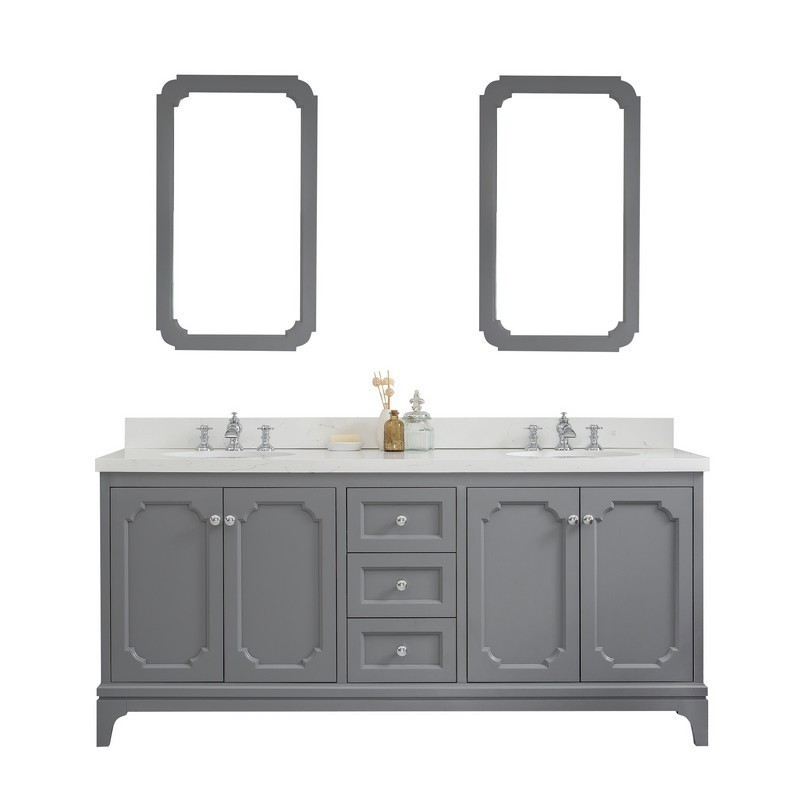WATER-CREATION QU72QZ01CG-Q21FX1301 QUEEN 72 INCH DOUBLE SINK QUARTZ CARRARA VANITY IN CASHMERE GREY WITH MATCHING MIRROR AND LAVATORY FAUCET