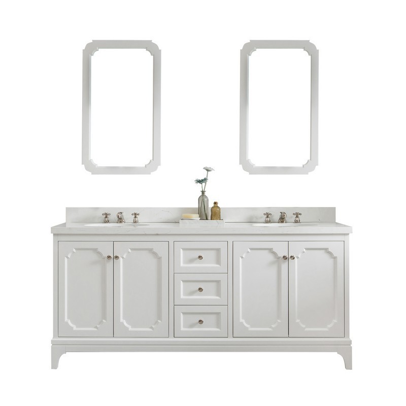 WATER-CREATION QU72QZ05PW-Q21000000 QUEEN 72 INCH DOUBLE SINK QUARTZ CARRARA VANITY IN PURE WHITE WITH MATCHING MIRROR