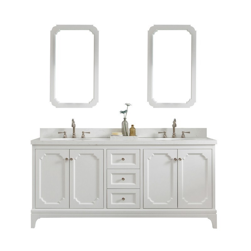 WATER-CREATION QU72QZ05PW-Q21TL1205 QUEEN 72 INCH DOUBLE SINK QUARTZ CARRARA VANITY IN PURE WHITE WITH MATCHING MIRROR AND LAVATORY FAUCET
