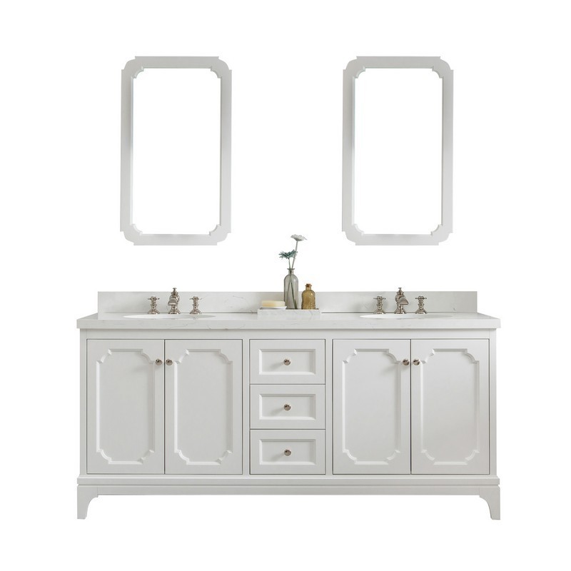 WATER-CREATION QU72QZ05PW-Q21FX1305 QUEEN 72 INCH DOUBLE SINK QUARTZ CARRARA VANITY IN PURE WHITE WITH MATCHING MIRROR AND LAVATORY FAUCET