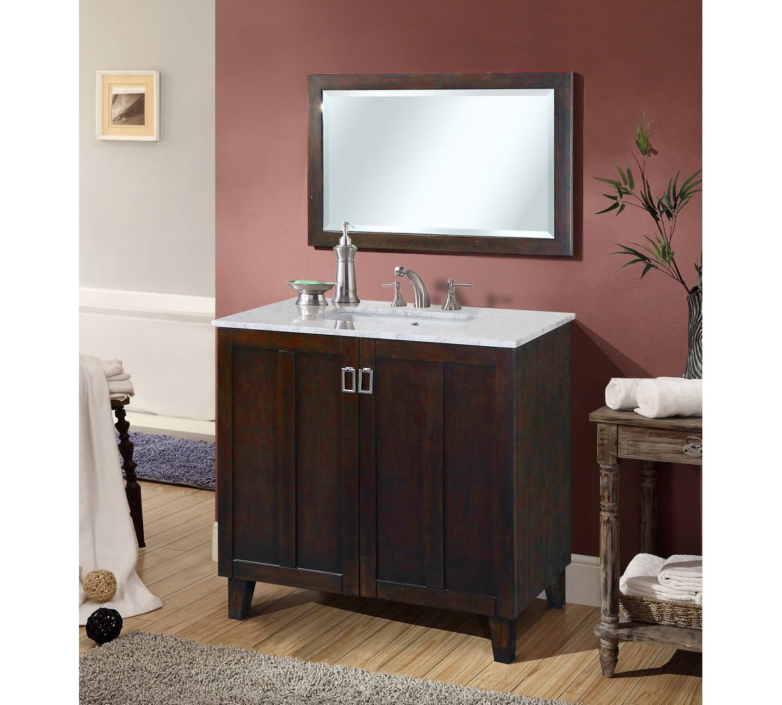 INFURNITURE IN3236-BR+CW TOP 36 INCH SINGLE SINK BATHROOM VANITY IN BROWN WITH THICK EDGE CARRARA WHITE MARBLE TOP