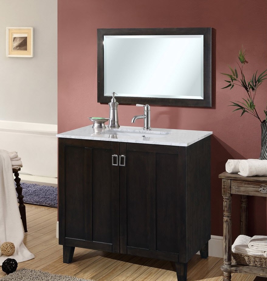 INFURNITURE IN3236-DB+CW TOP 36 INCH SINGLE SINK BATHROOM VANITY IN DARK BROWN WITH THICK EDGE CARRARA WHITE MARBLE TOP