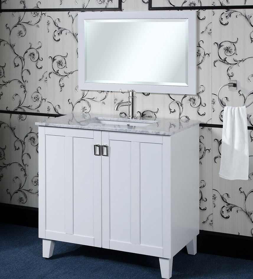 INFURNITURE IN3236-W+CW TOP 36 INCH SINGLE SINK BATHROOM VANITY IN WHITE WITH THICK EDGE CARRARA WHITE MARBLE TOP