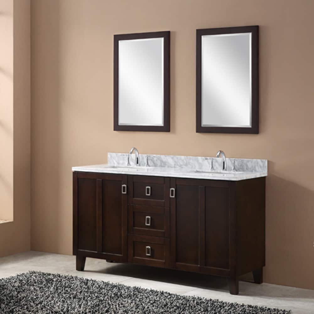 INFURNITURE IN3260-BR+CW TOP 60 INCH DOUBLE SINK BATHROOM VANITY IN BROWN WITH THICK EDGE CARRARA WHITE MARBLE TOP
