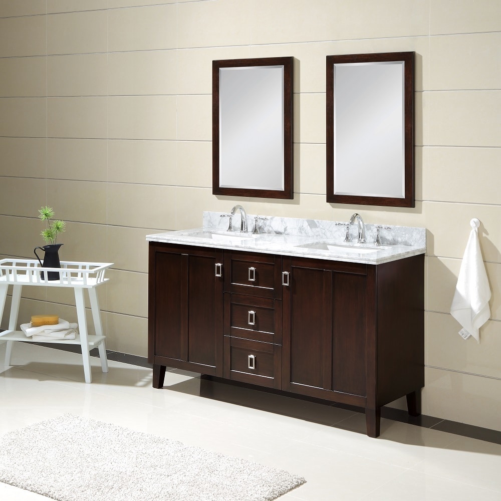 INFURNITURE IN3260-DB+CW TOP 60 INCH DOUBLE SINK BATHROOM VANITY IN DARK BROWN WITH THICK EDGE CARRARA WHITE MARBLE TOP